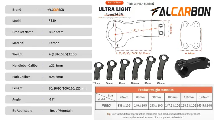 Falcarbon FS20 Road/MTB Carbon Handlebar Stem 7 FS20 parameter